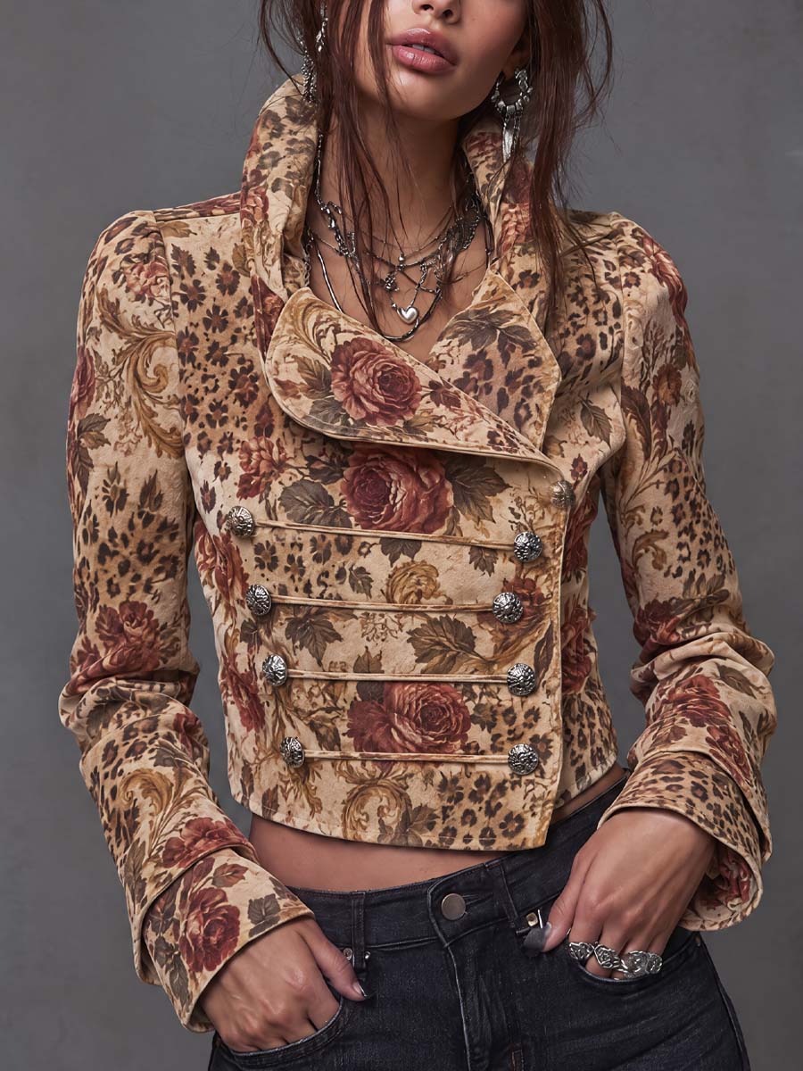 Chamarra Corta Militar Vintage de Gamuza con Estampado Floral de Leopardo