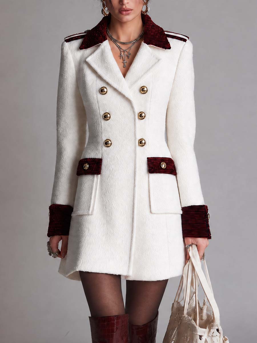 Abrigo Elegante Mezcla de Lana con Doble Botonadura y Detalle de Ribete de Terciopelo