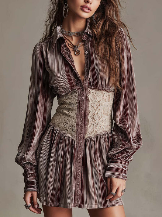 Minivestido Camisero Elegante de Terciopelo a Rayas con Cintura de Agujetas