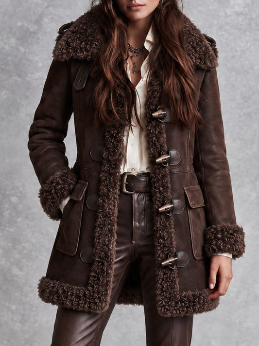 Abrigo Boho Western de Microgamuza con Botón de Palo, Borrego Sintético, Cuello y Puños de Piel