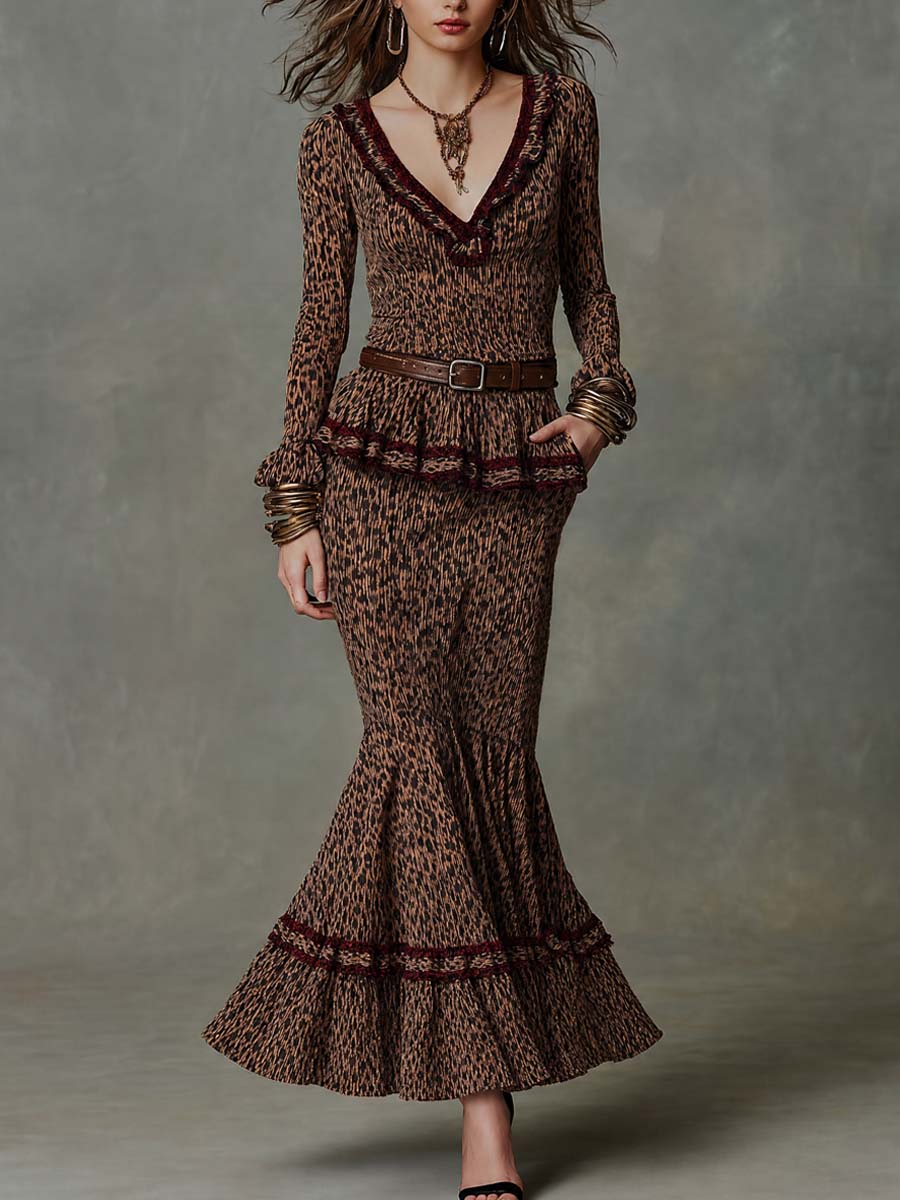 Conjunto Retro de Dos Piezas con Textura y Estampado de Leopardo
