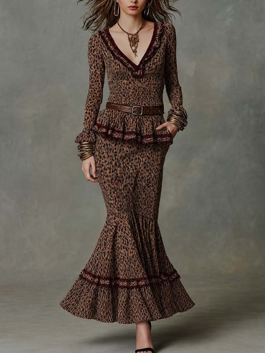 Conjunto Retro de Dos Piezas con Textura y Estampado de Leopardo