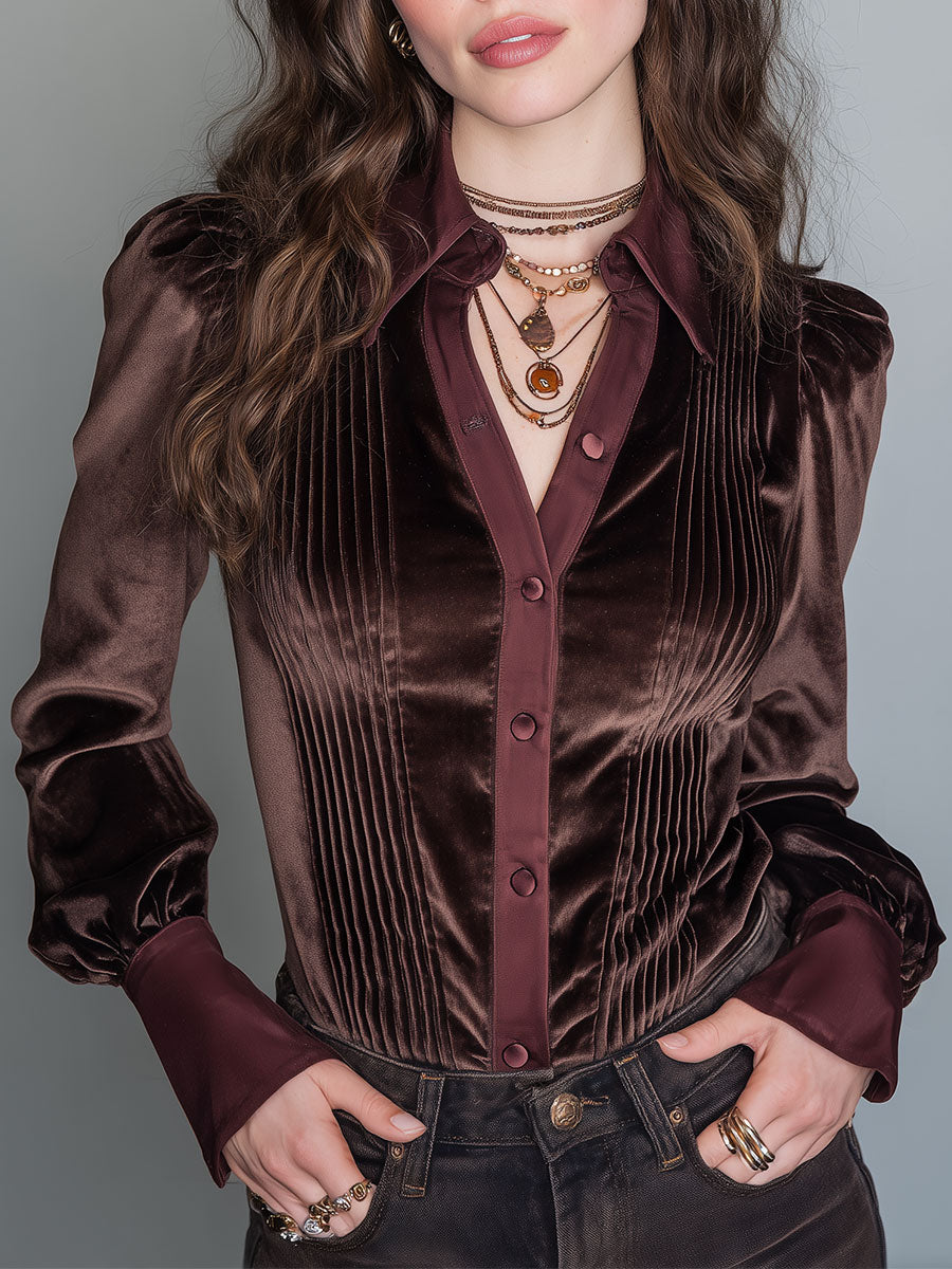 Blusa Elegante de Manga Larga con Paneles de Terciopelo y Alforzas