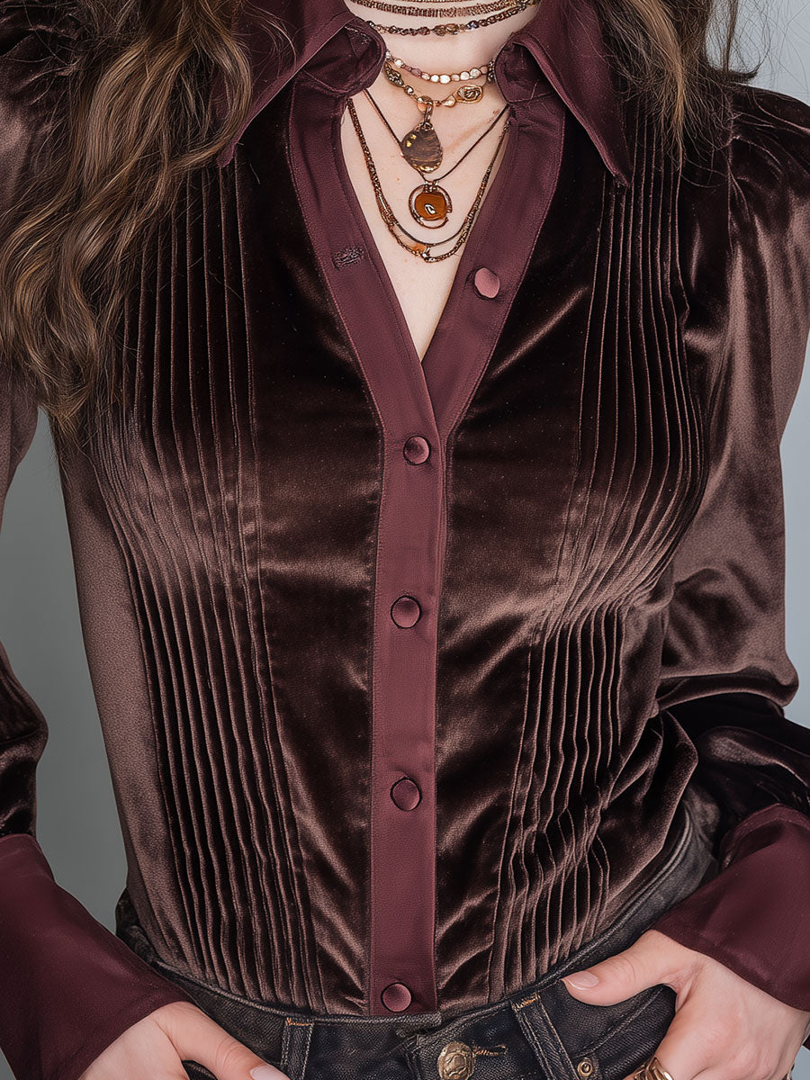 Blusa Elegante de Manga Larga con Paneles de Terciopelo y Alforzas