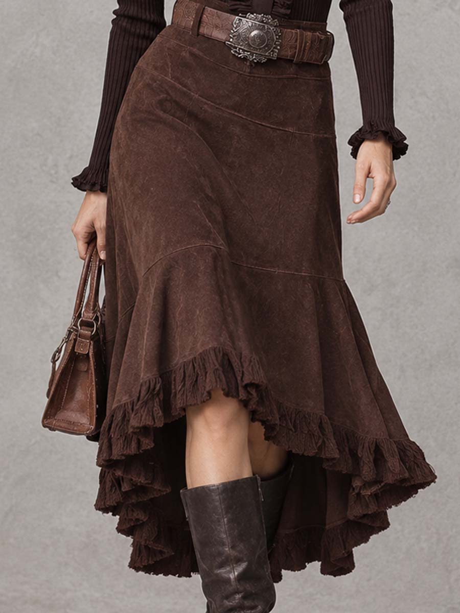 Conjunto de Dos Piezas: Blusa Acanalada con Cuello de Olanes y Falda de Gamuza