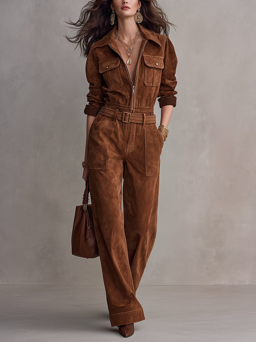 Jumpsuit Utility de Gamuza Color Coñac con Cinturón