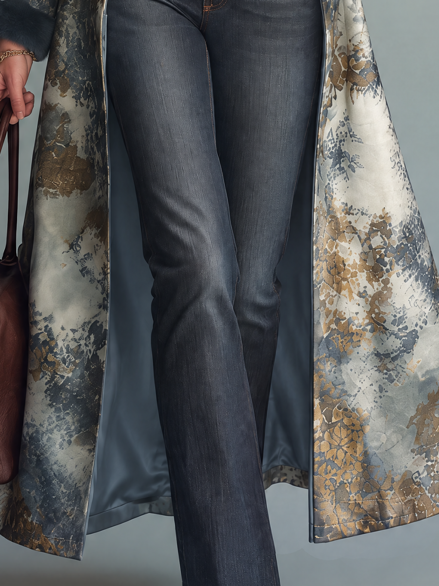 Abrigo Maxi Elegante Azul-Gris Estampado con Ribete de Piel