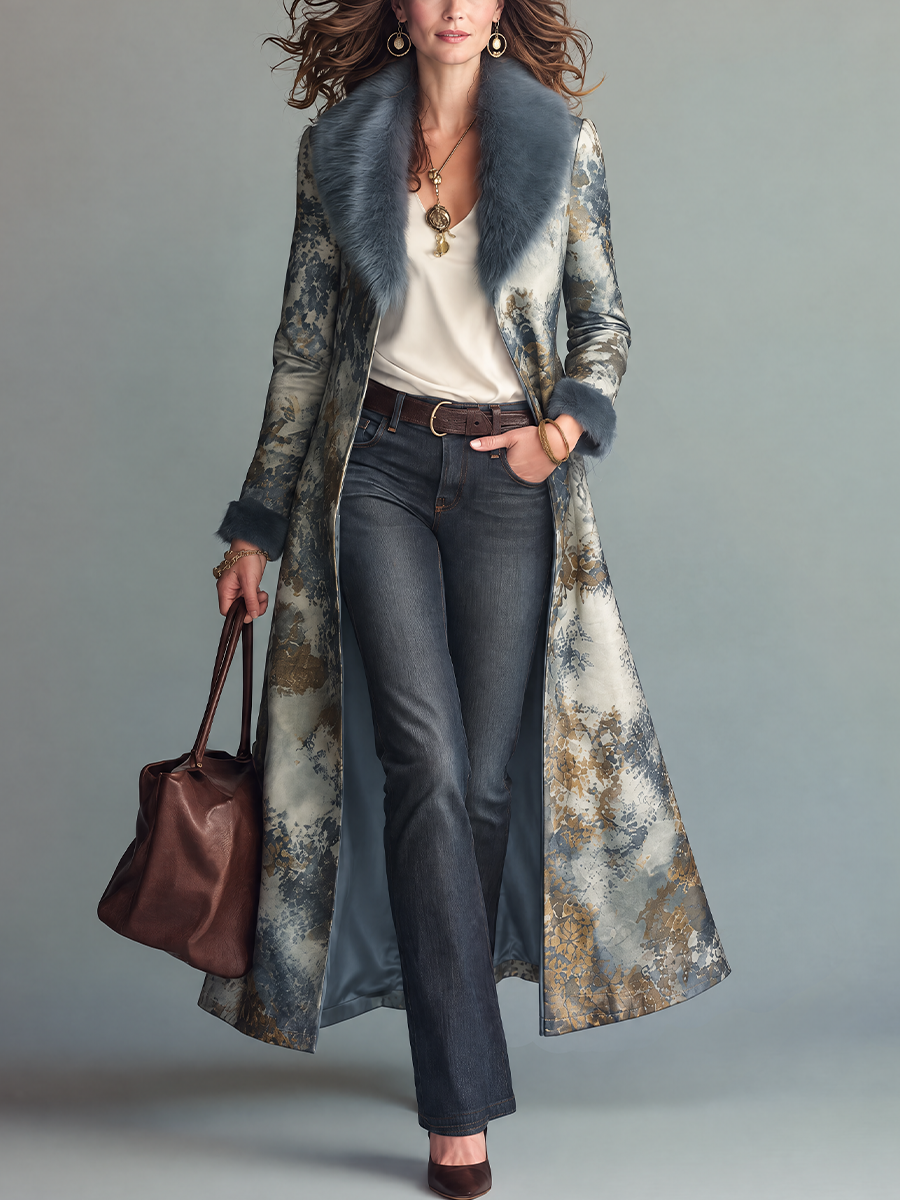 Abrigo Maxi Elegante Azul-Gris Estampado con Ribete de Piel