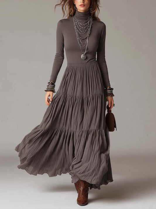 Vestido Maxi Suave de Cuello Alto con Falda Plisada