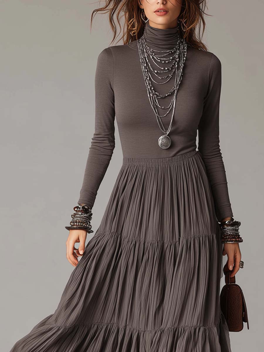 Vestido Maxi Suave de Cuello Alto con Falda Plisada
