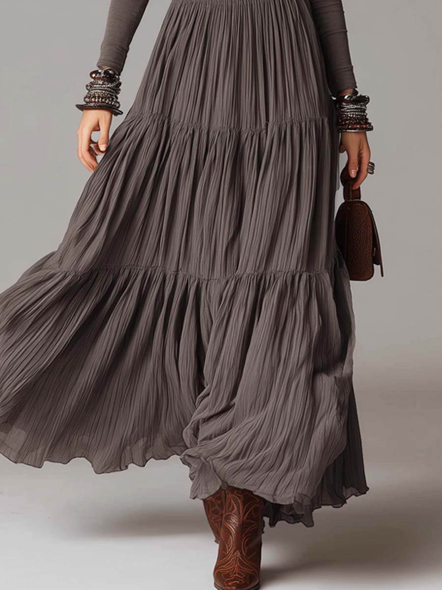Vestido Maxi Suave de Cuello Alto con Falda Plisada