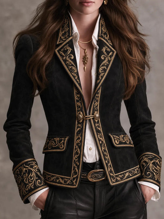 Blazer Retro Barroco de Gamuza Negra con Ribete Bordado de Volutas Doradas