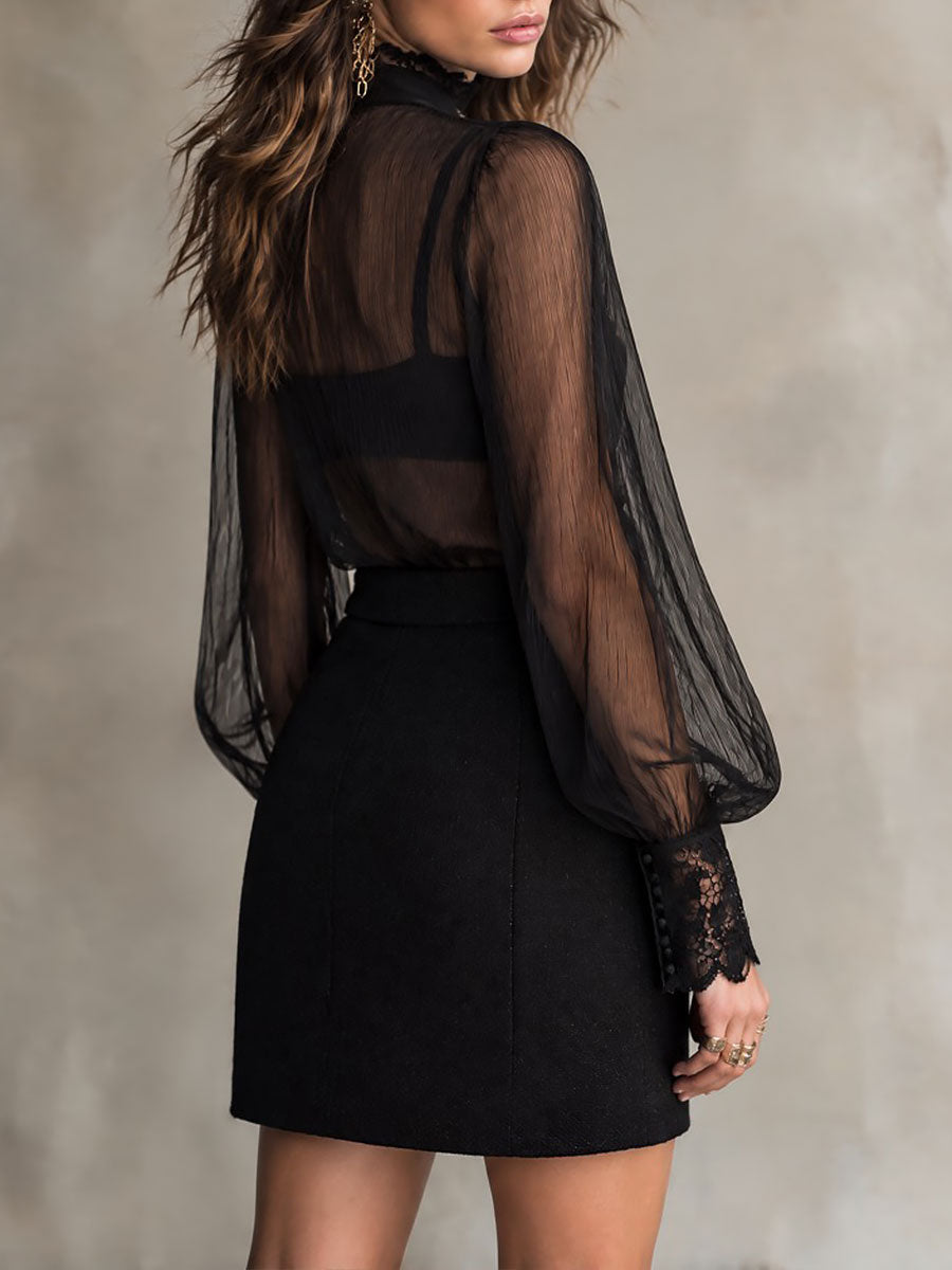 Blusa Boho de Chifón Transparente con Puños de Encaje y Moño Desmontable