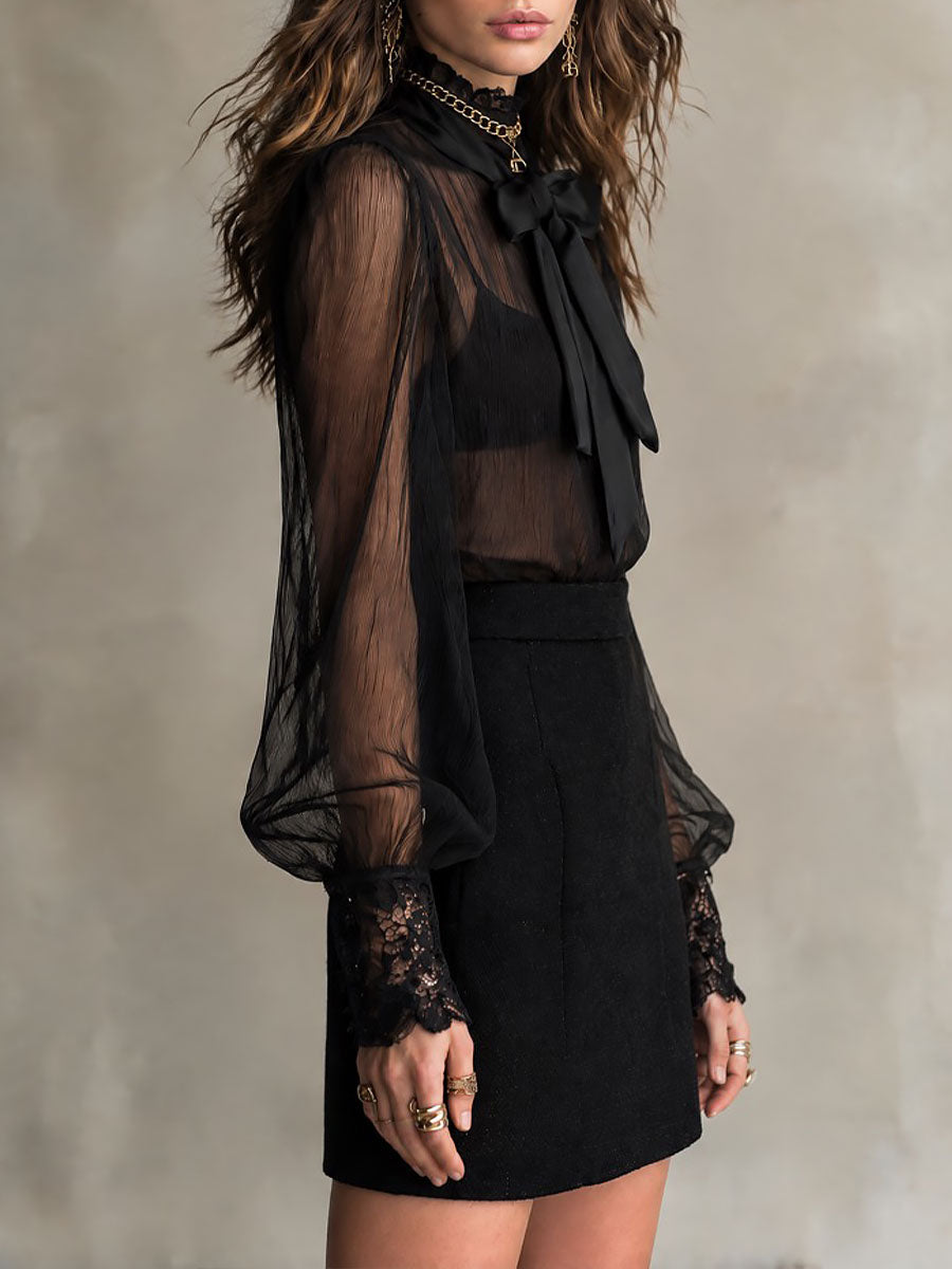 Blusa Boho de Chifón Transparente con Puños de Encaje y Moño Desmontable