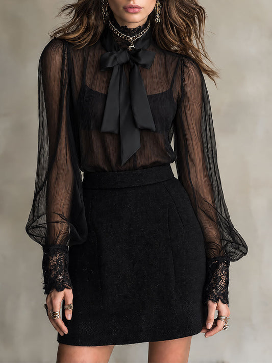 Blusa Boho de Chifón Transparente con Puños de Encaje y Moño Desmontable