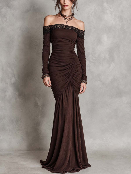 Vestido de Noche Vintage de Encaje con Hombros Descubiertos