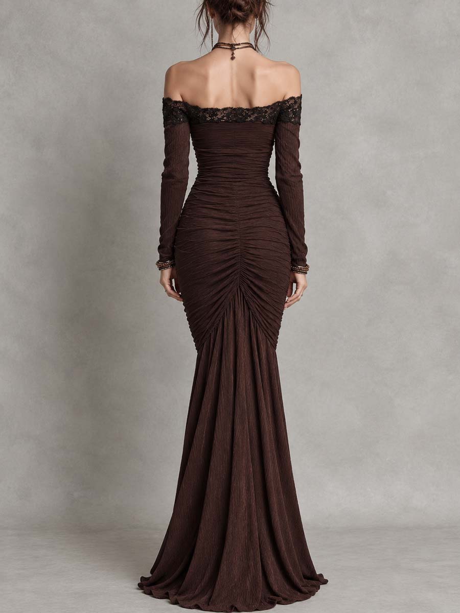 Vestido de Noche Vintage de Encaje con Hombros Descubiertos