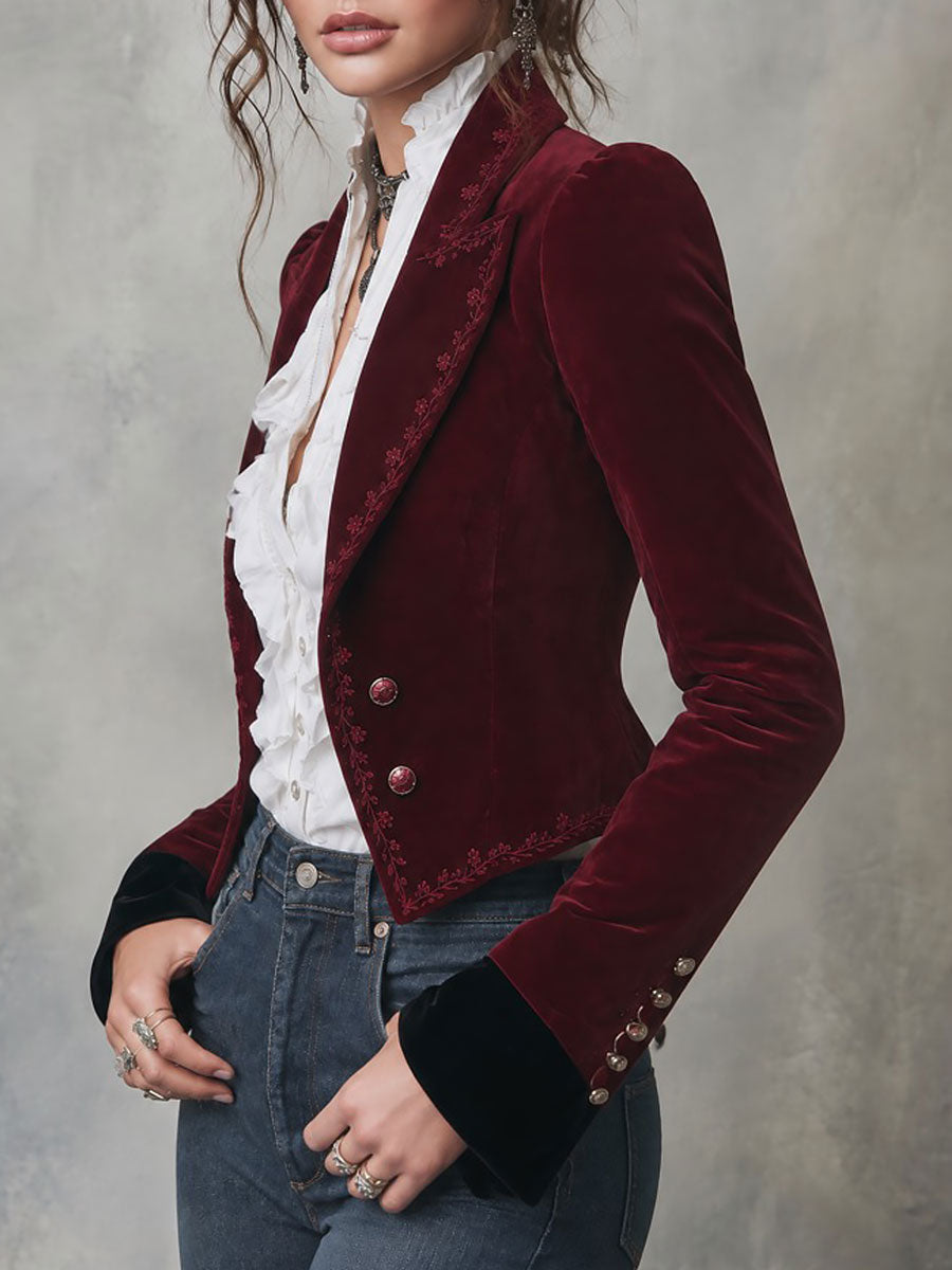 Blazer Entallado Quiet Luxury de Terciopelo Bordado con Solapa de Pico
