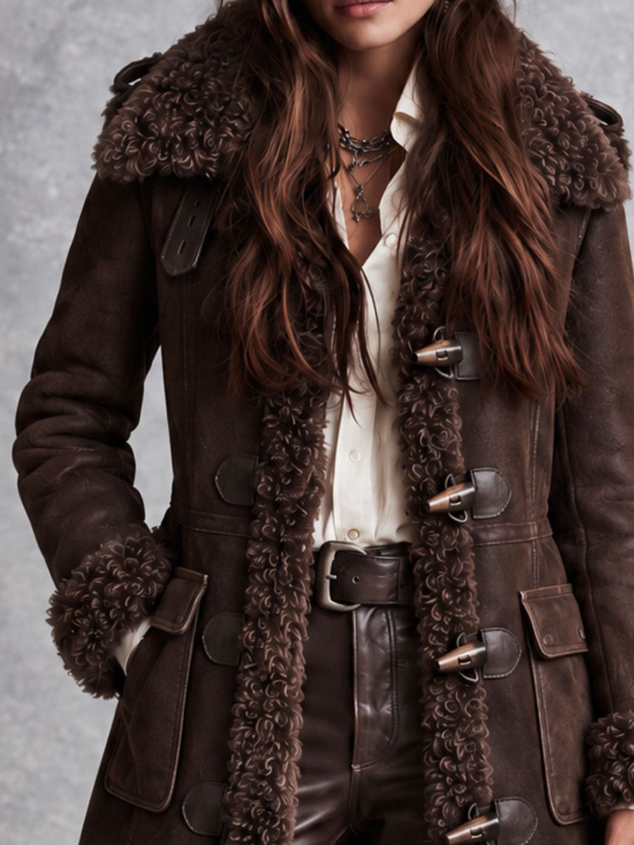 Abrigo Boho Western de Microgamuza con Botón de Palo, Borrego Sintético, Cuello y Puños de Piel