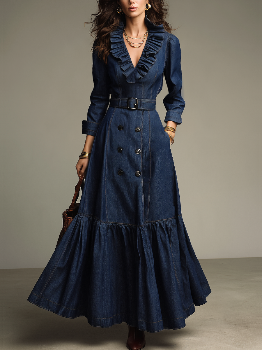 Vestido Maxi Romántico de Mezclilla Índigo con Olanes y Cinturón