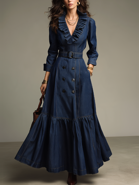 Vestido Maxi Romántico de Mezclilla Índigo con Olanes y Cinturón