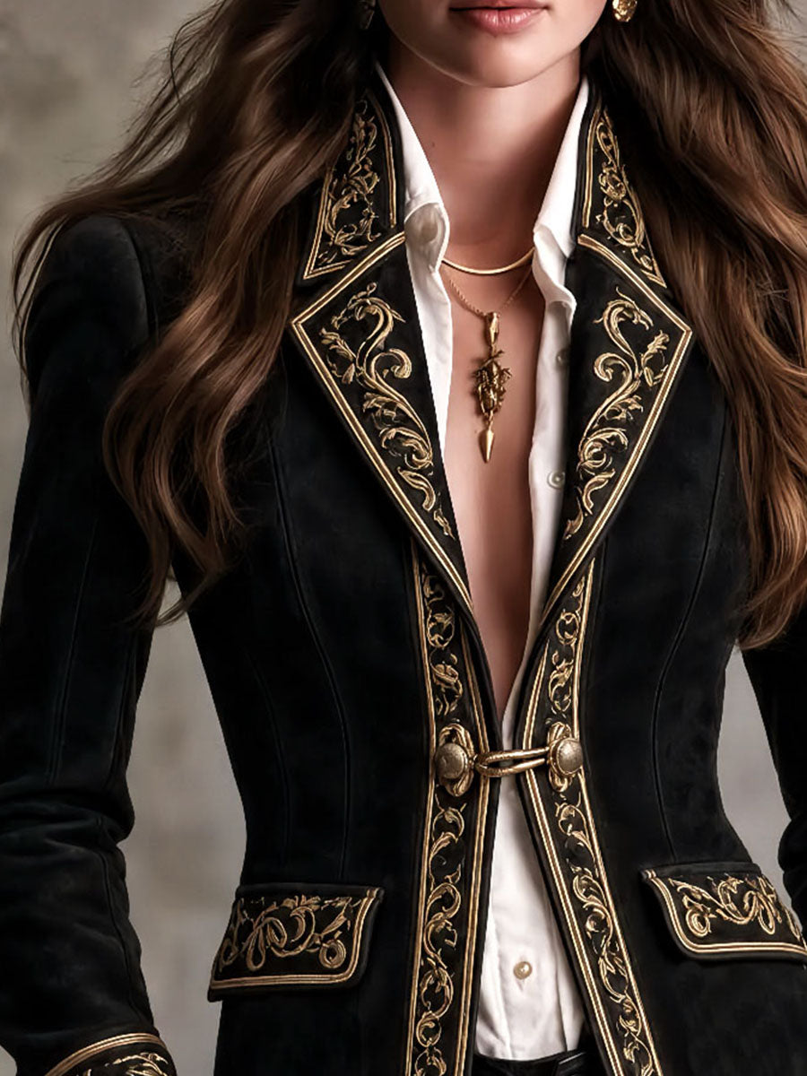 Blazer Retro Barroco de Gamuza Negra con Ribete Bordado de Volutas Doradas