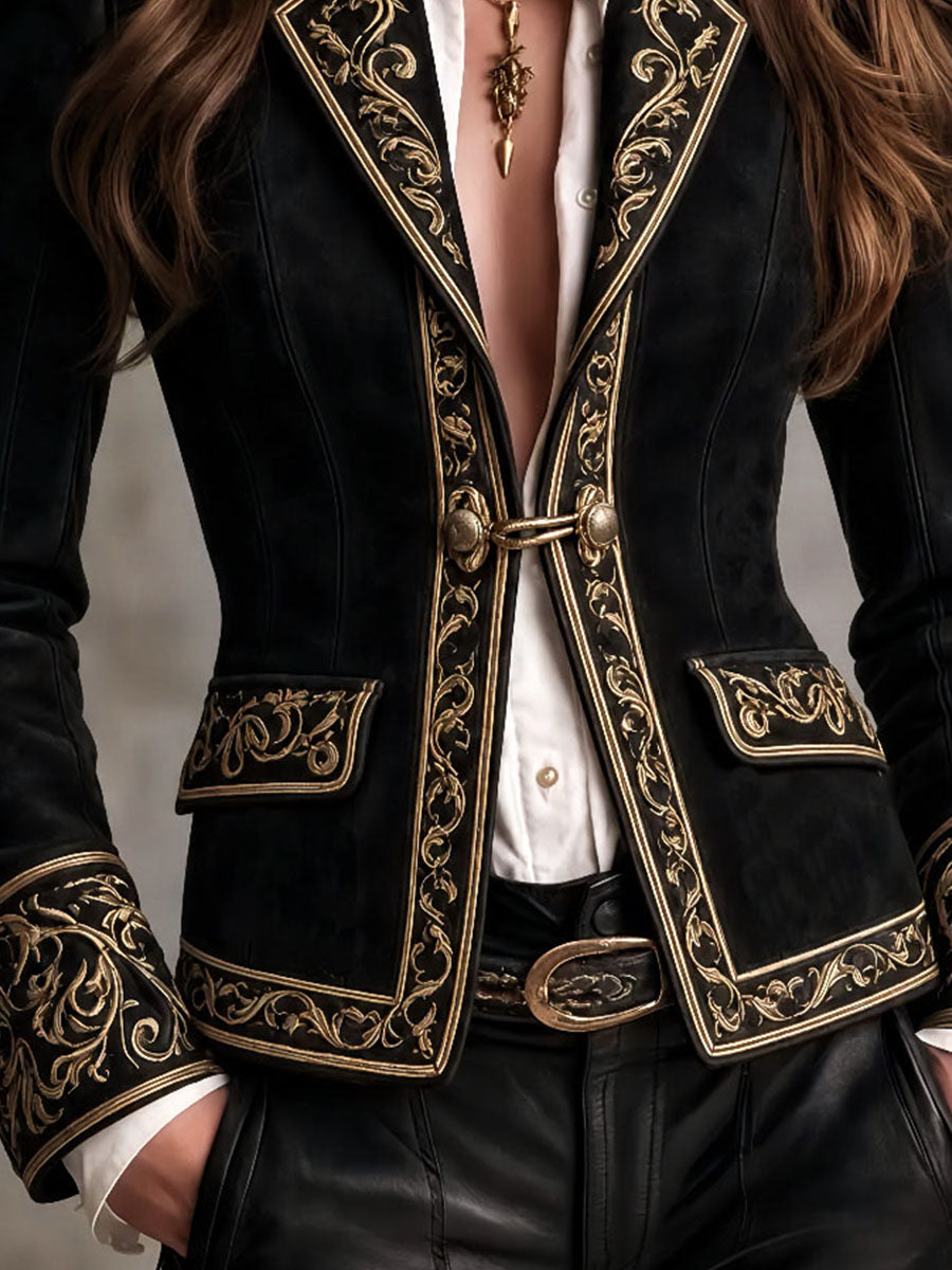 Blazer Retro Barroco de Gamuza Negra con Ribete Bordado de Volutas Doradas