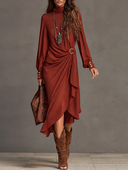 Vestido Bohemio Drapeado Color Óxido con Hebilla en la Cintura