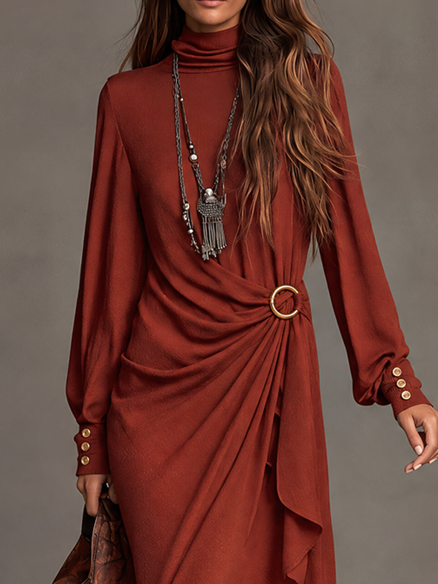 Vestido Bohemio Drapeado Color Óxido con Hebilla en la Cintura