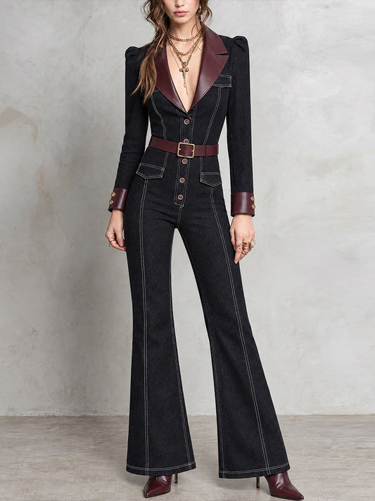 Jumpsuit Black Nomad de Mezclilla Acampanado con Ribete de Piel