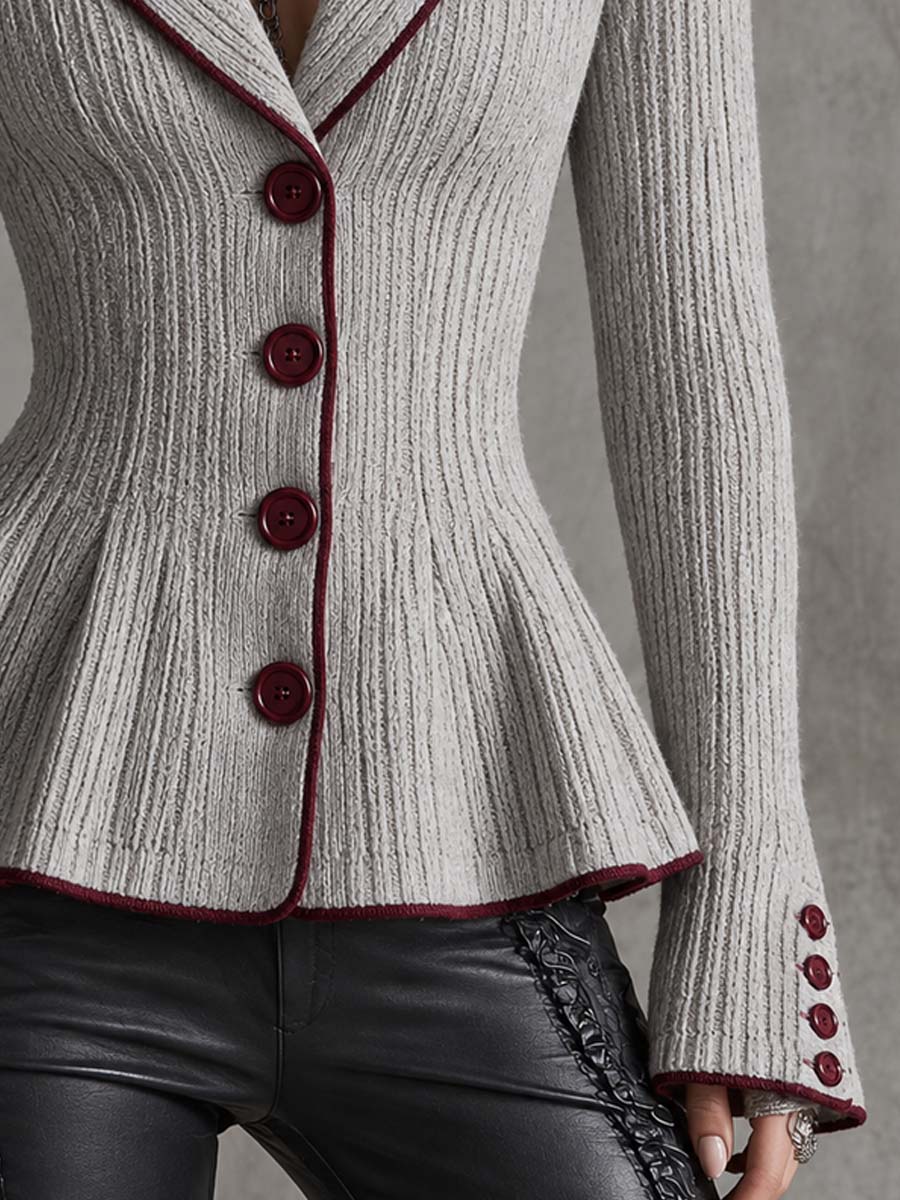 Chamarra de Punto Acanalado con Ribete en Contraste y Dobladillo Peplum