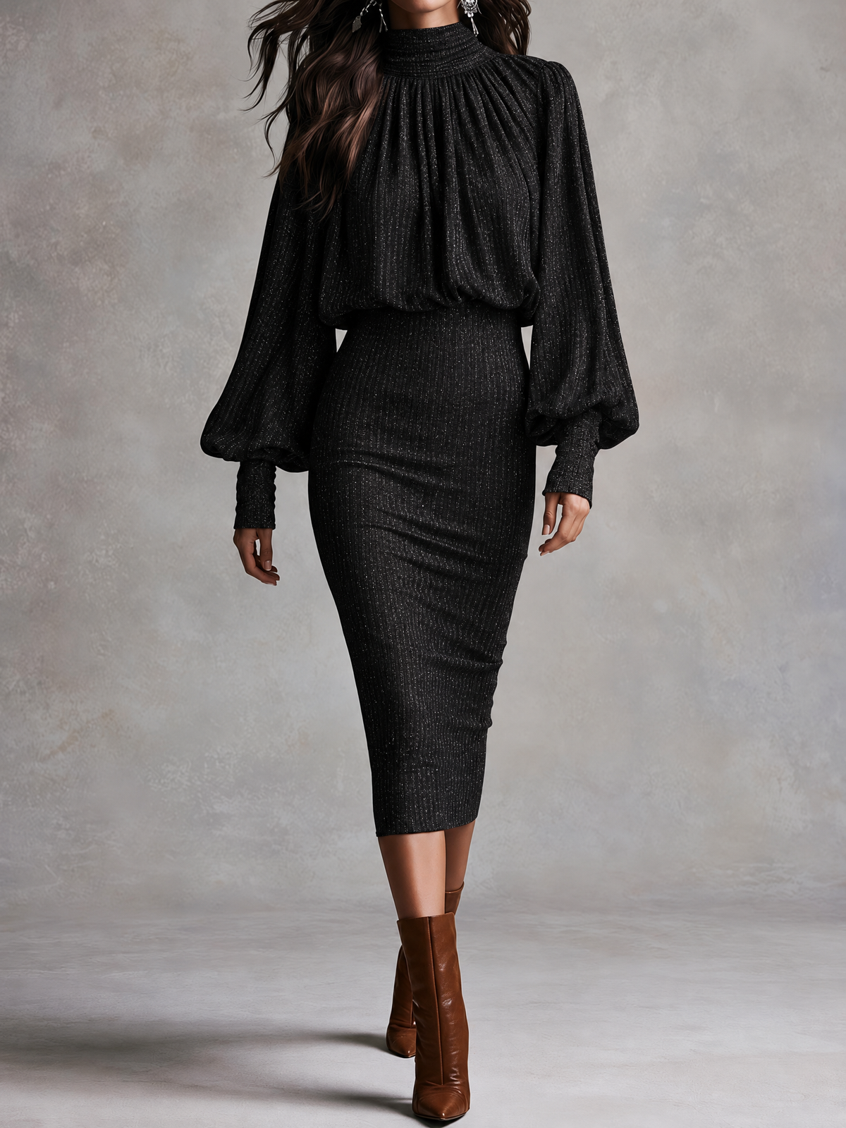 Vestido Midi Negro de Punto con Brillos, Cuello Alto y Mangas Obispo