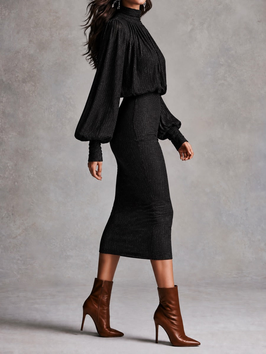 Vestido Midi Negro de Punto con Brillos, Cuello Alto y Mangas Obispo
