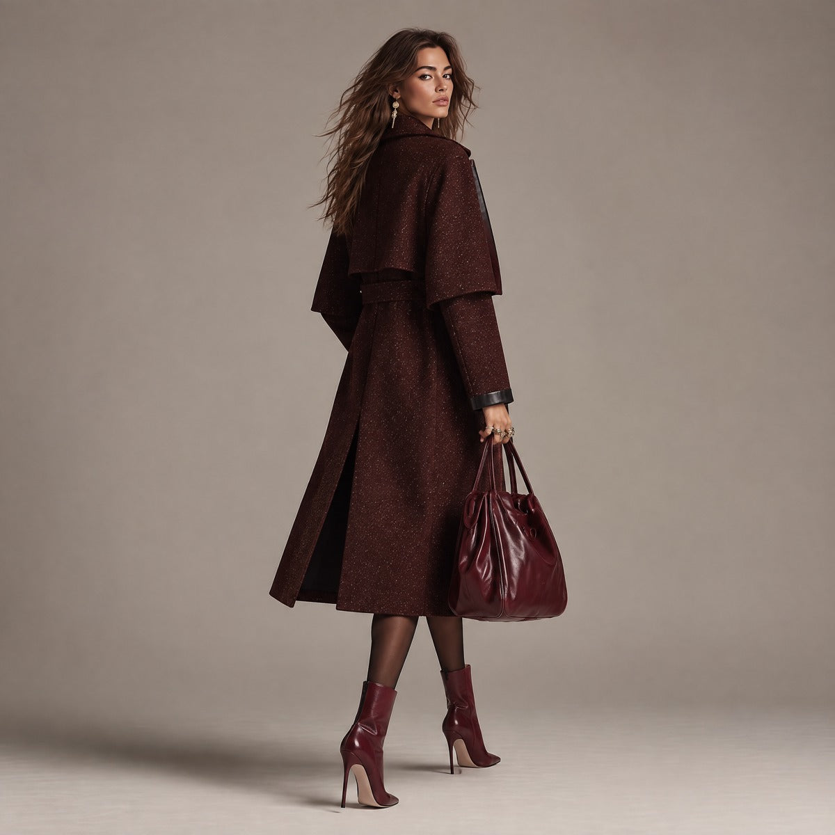 Gabardina Elegante Mezcla de Lana con Ribete de Piel Sintética