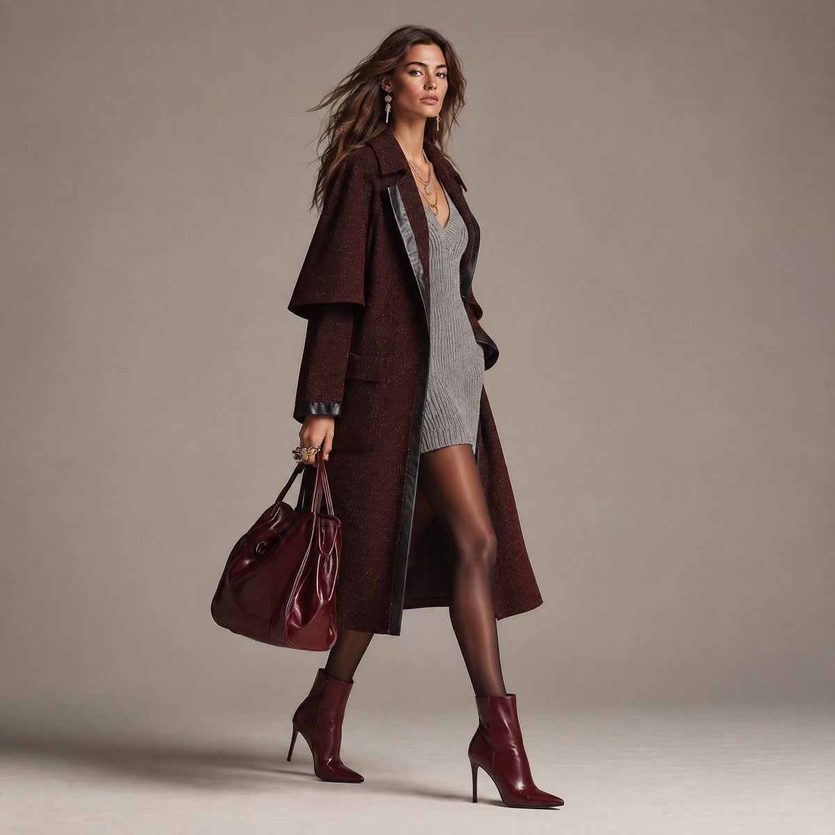 Gabardina Elegante Mezcla de Lana con Ribete de Piel Sintética