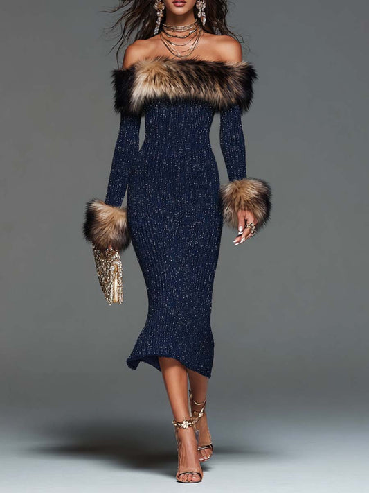 Vestido Midi Elegante de Punto Brillante con Hombros Descubiertos y Ribete de Peluche Sintético