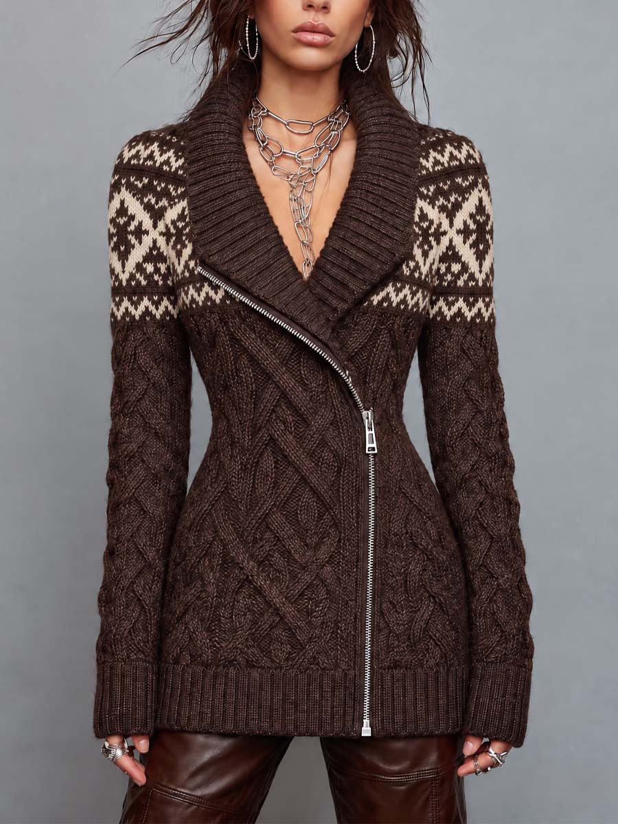 Abrigo Suéter Vintage Fair Isle de Punto Trenzado con Cierre al Frente