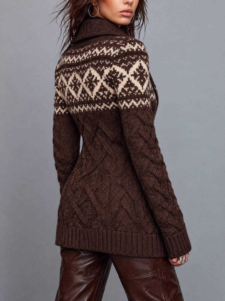 Abrigo Suéter Vintage Fair Isle de Punto Trenzado con Cierre al Frente