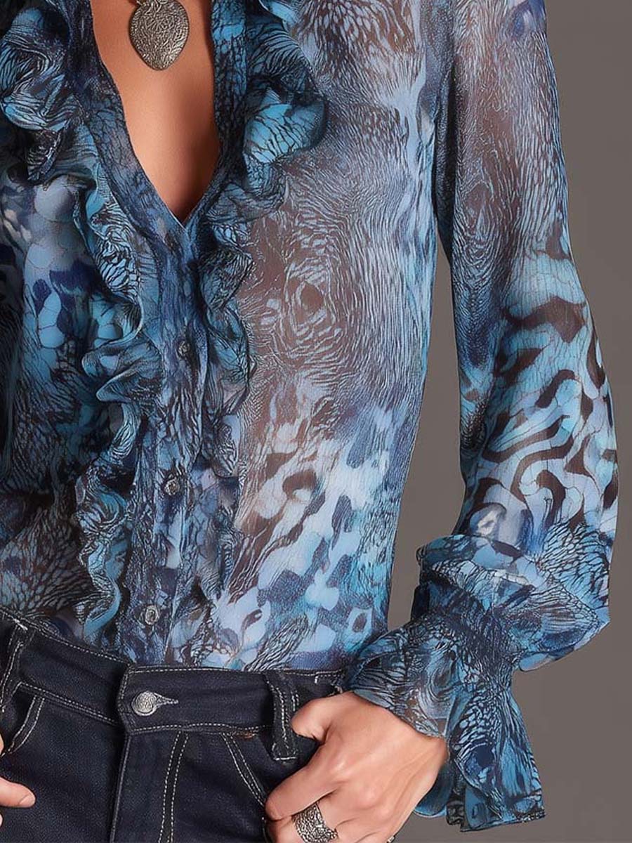 Blusa Retro de Chifón con Olanes y Estampado Floral de Mariposas
