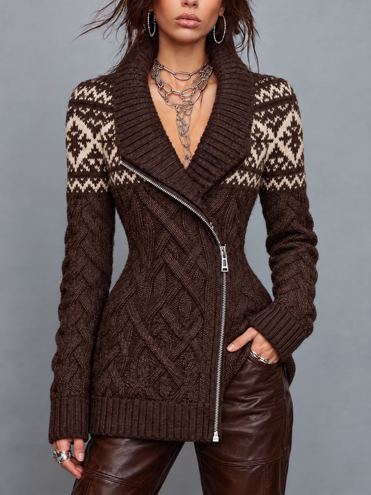 Abrigo Suéter Vintage Fair Isle de Punto Trenzado con Cierre al Frente
