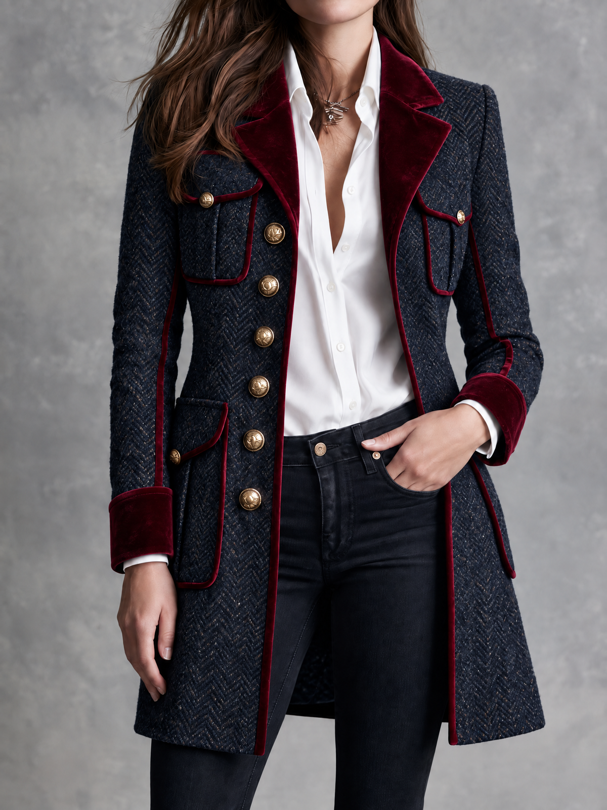 Chamarra Vintage de Tweed Azul Marino con Vivo de Terciopelo Vino y Botones