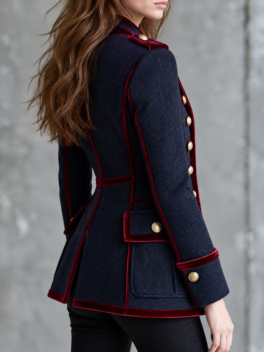 Blazer Estilo Militar para Mujer de Lana con Patrón de Espiga y Ribete de Terciopelo