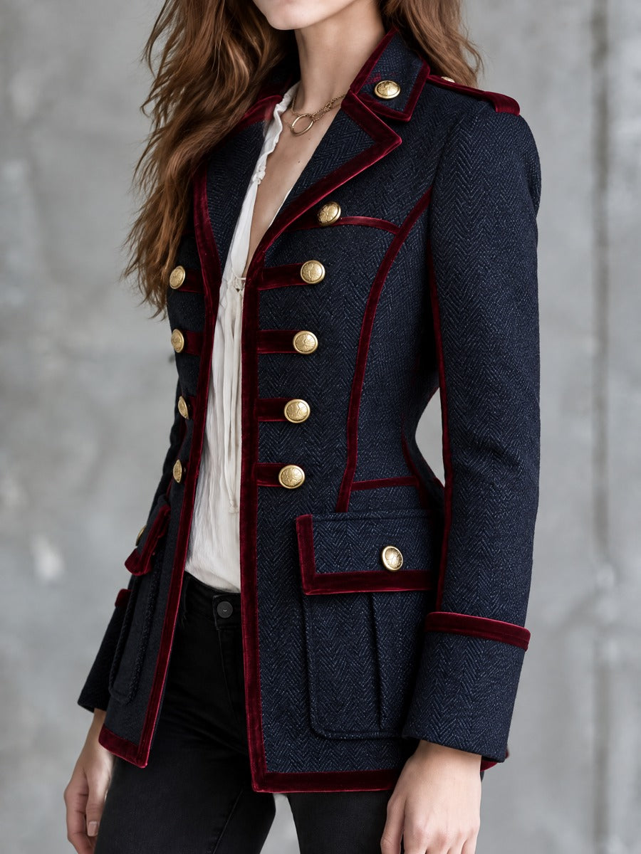 Blazer Estilo Militar para Mujer de Lana con Patrón de Espiga y Ribete de Terciopelo