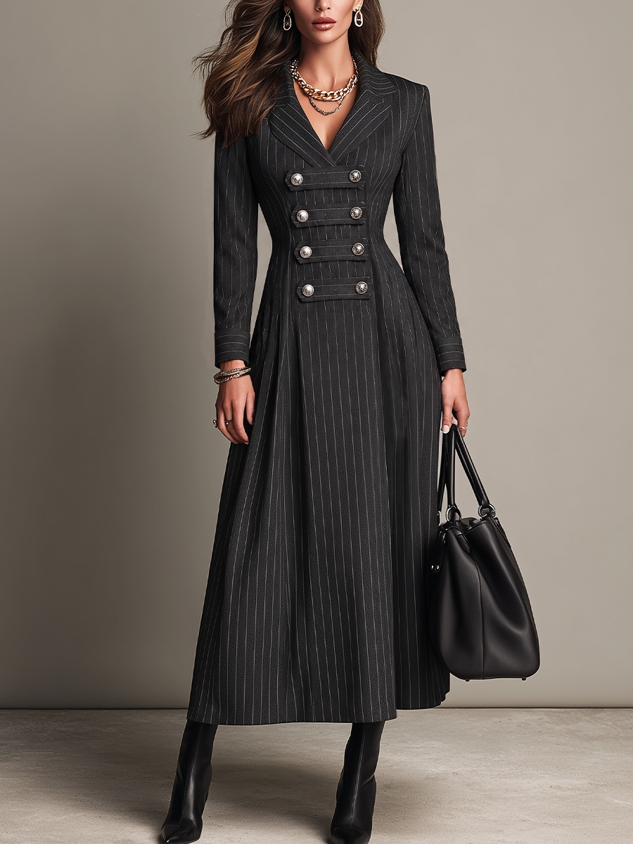 Vestido Maxi Militar de Sastrería Gris Oxford con Rayas Diplomáticas