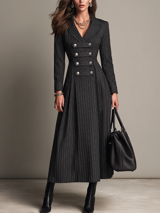 Vestido Maxi Militar de Sastrería Gris Oxford con Rayas Diplomáticas