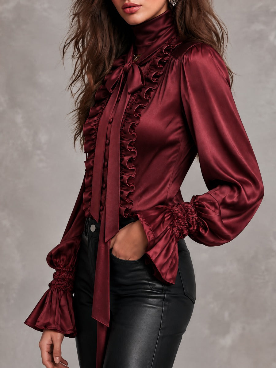 Blusa de Satín para Mujer con Moño al Cuello, Ribete de Olanes y Mangas Obispo