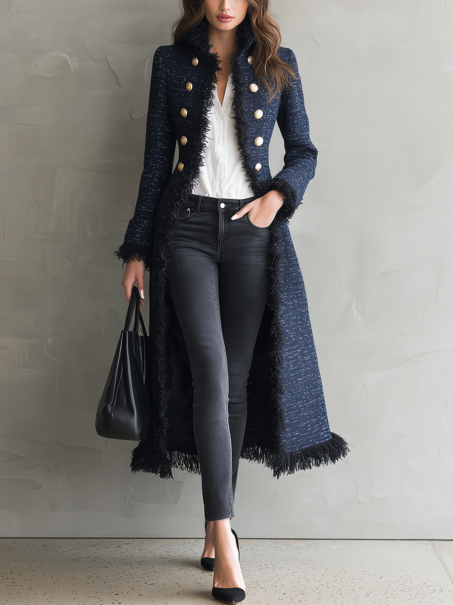 Abrigo Maxi Elegante Azul Marino de Tweed con Ribete de Flecos