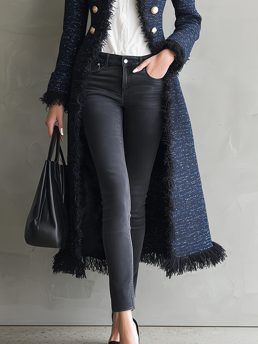 Abrigo Maxi Elegante Azul Marino de Tweed con Ribete de Flecos