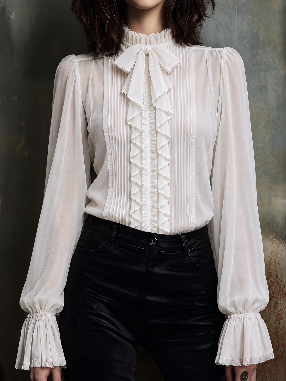 Blusa de Chifón Transparente para Mujer con Moño al Cuello y Mangas Obispo con Olanes