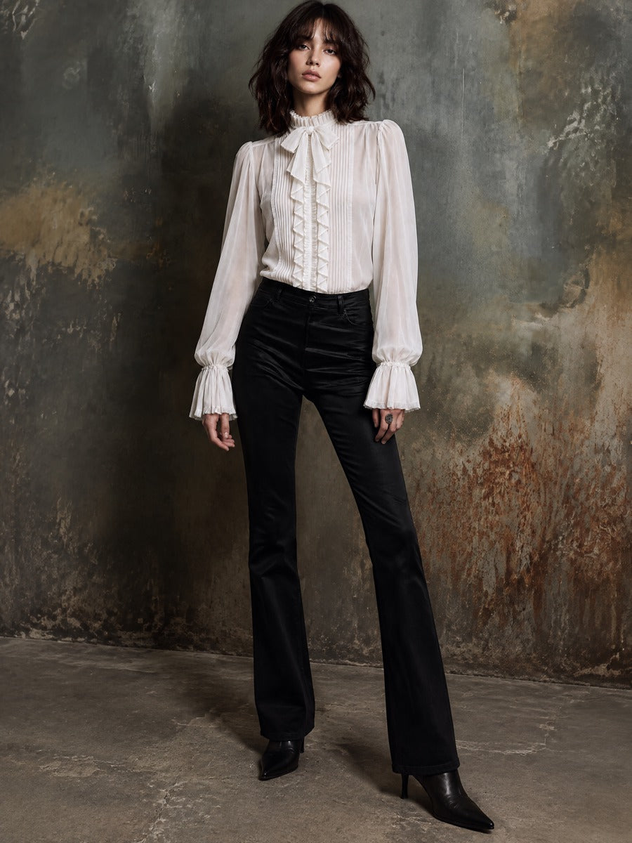 Blusa de Chifón Transparente para Mujer con Moño al Cuello y Mangas Obispo con Olanes